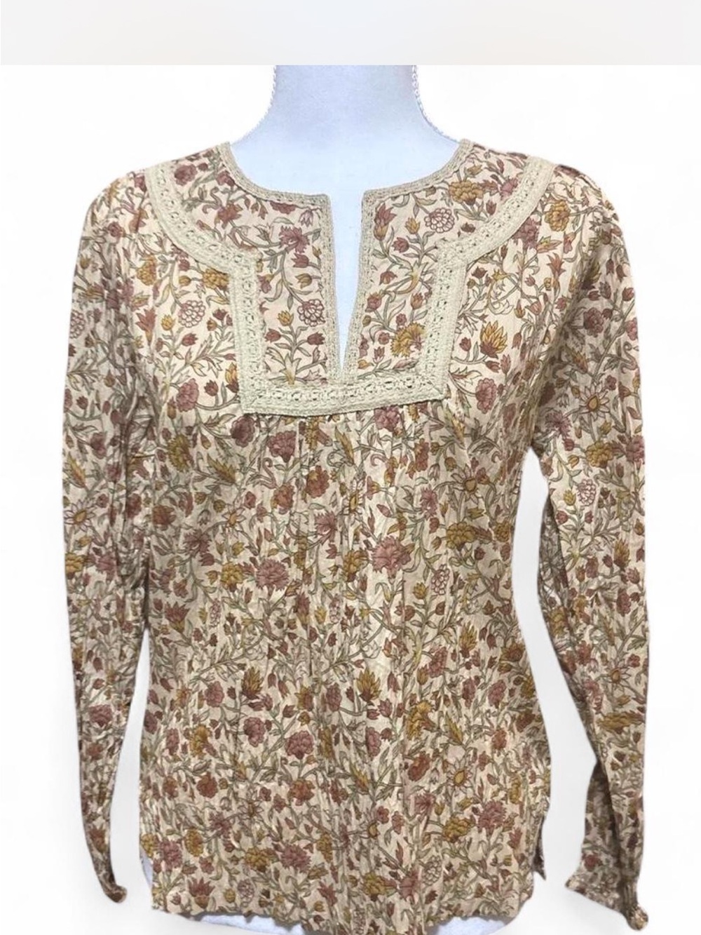 Boho Floral Block Print Blouse | Crochet Trim Split Neck | Cotton Festival Top